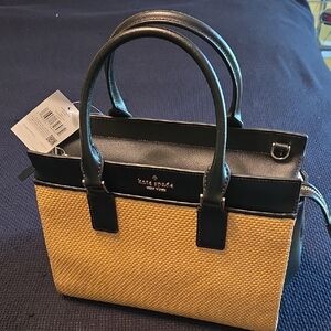 Kate Spade NWT Black & Tan  Straw & Leather Medium Satchel Bag